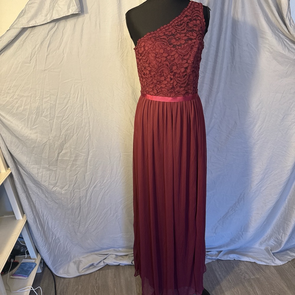 David's Bridal One-Shoulder Burgundy Dress